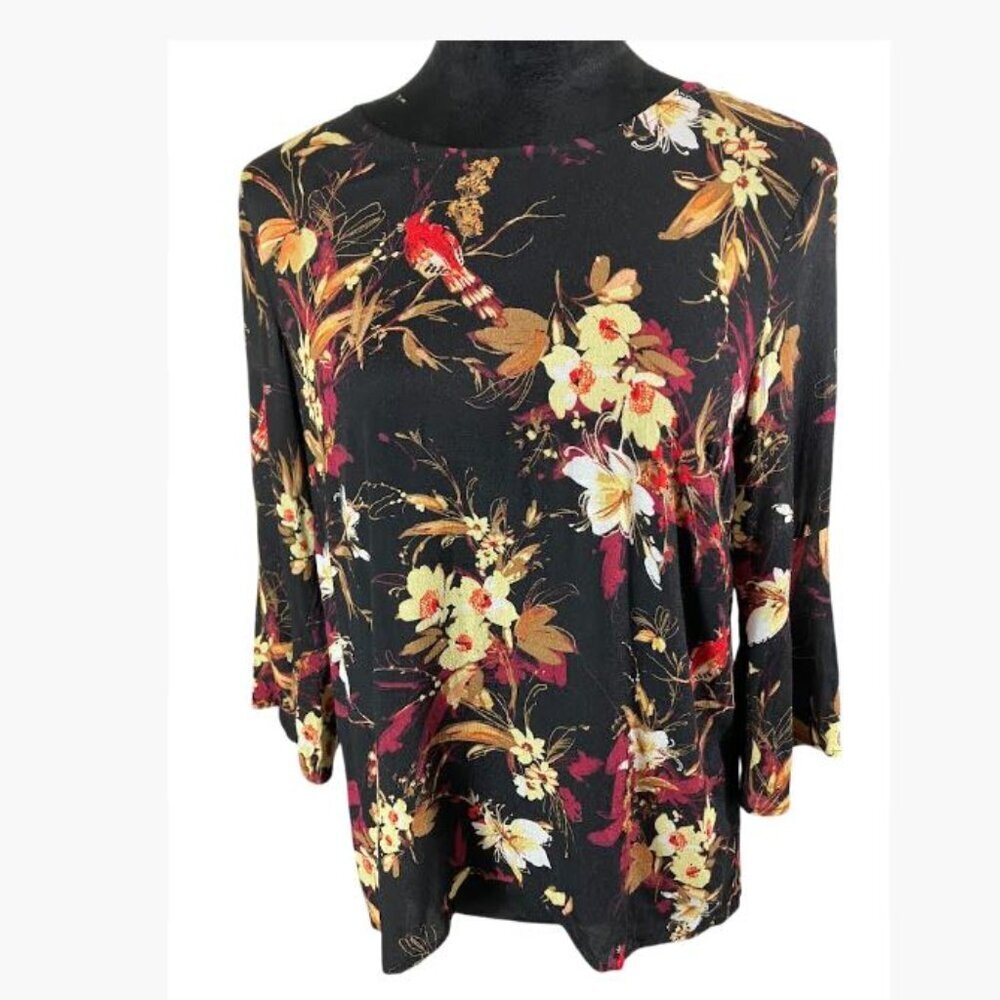J Jill Multicolor Floral and Bird Motif Casual to Dressy Blouse  Size XS  EUC